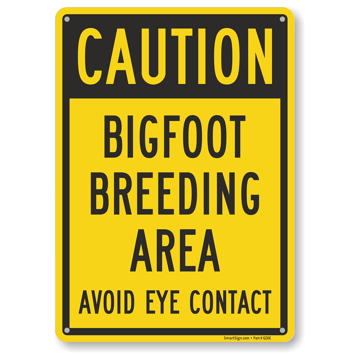 SmartSign Funny Caution Bigfoot Breeding Area Sign - 14" x 10" Avoid Eye Contact Metal Novetly Sign, 40 mil Laminated Rustproof Aluminum Sign, Yellow