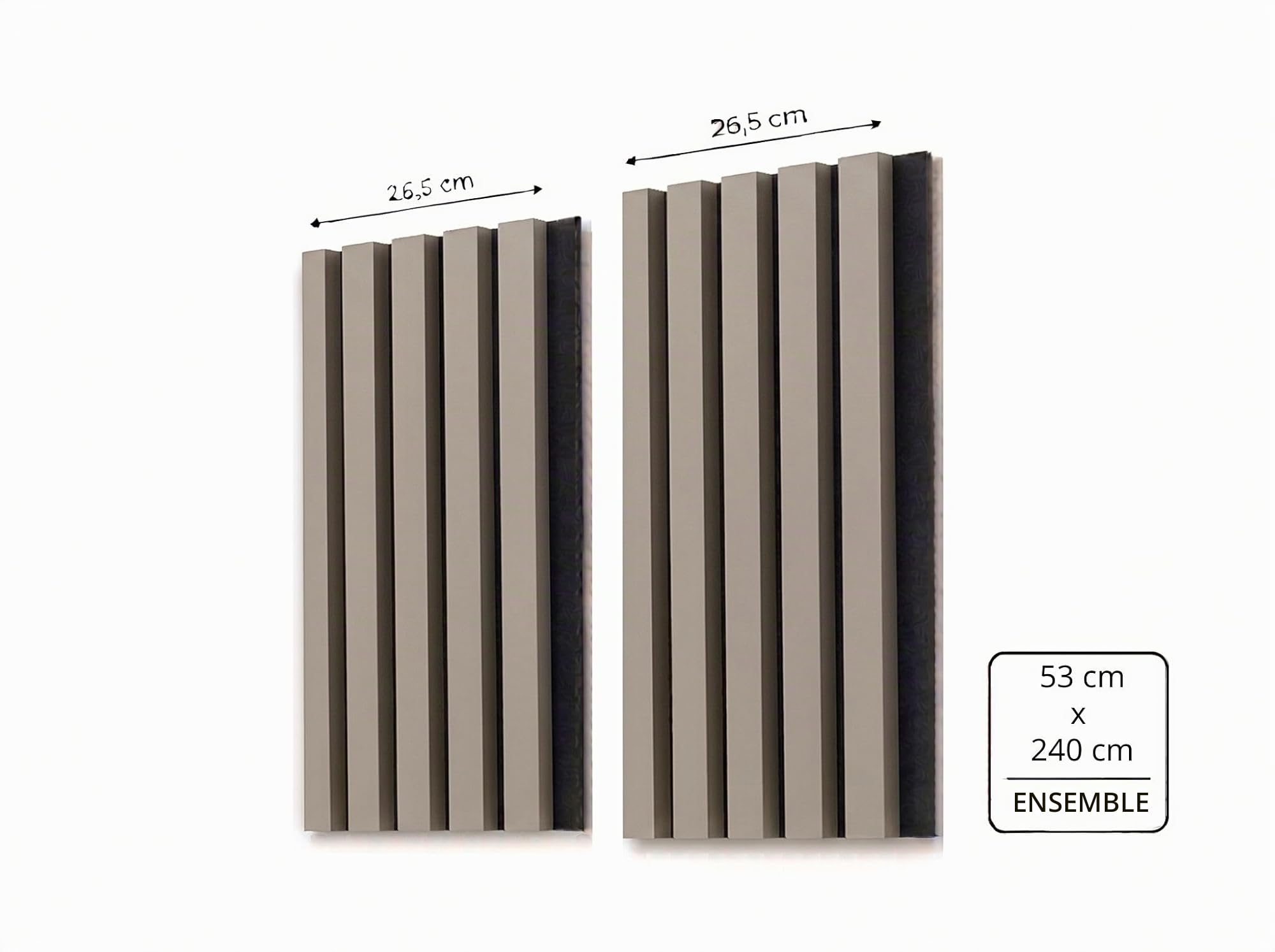 MEBANO Panneaux Acoustiques MDF 2x (26,5x240 cm) Gris Sable sur Plaque Noire – Lamelles Bois Murales Décoratives