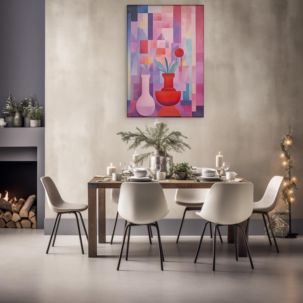 Canvas for Living room. A Study in Stillness and Color: The Contrasting Tale of Two Vases and the Vibrancy Behind Them, 27 x 18 inch Canvas Wall Art - Contemporary Masterpieces - Modern Home Decor