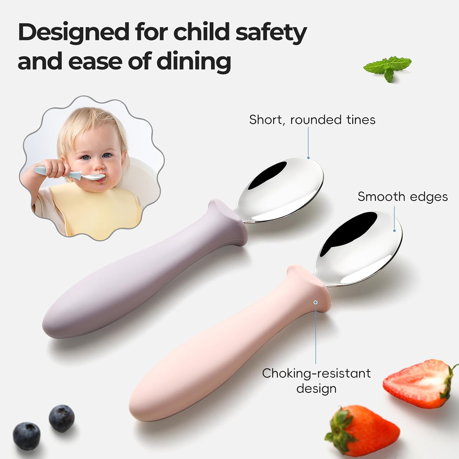 6 PCS Toddler Spoons Set - Baby Spoons with Silicone Handle Children Food Grade 18/8 Stainless Steel Toddler Utensils Set for Self Feeding Kids Silverware Set Safe Anti-Choke Design Dishwasher Safe