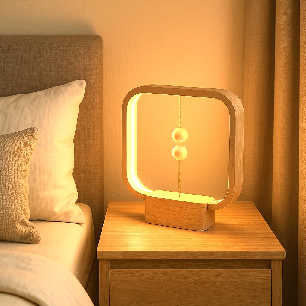 Allocacoc Heng - Lámpara de equilibrio portátil; cuadrada de madera real, recargable por USB-C, interruptor interactivo de gravedad magnética, lámpara LED de mesa, dormitorio, sala de juegos, sala de