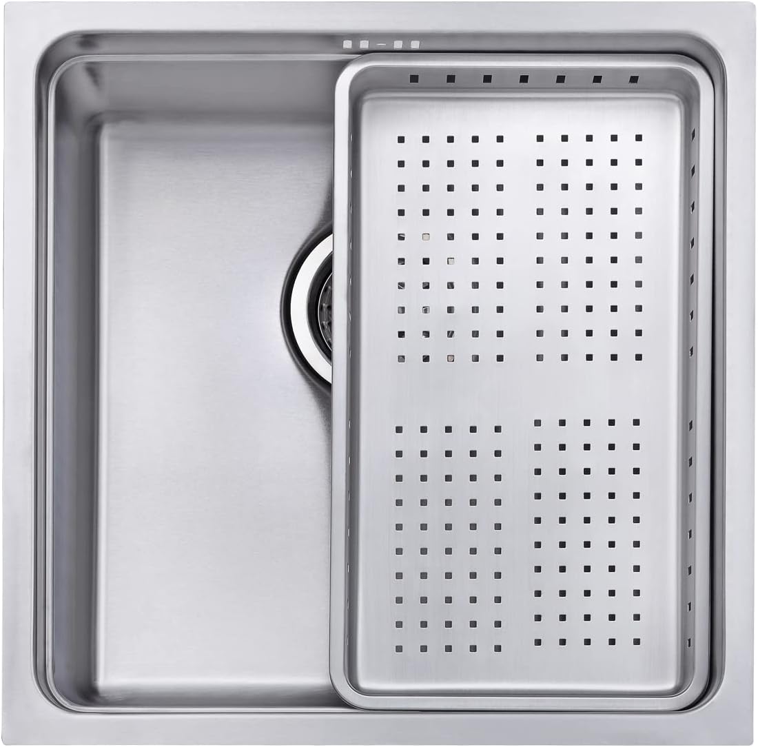 JASSFERRY Undermount Kitchen Sink Single Deep Bowl with Stainless Steel Dish Drainer Rack with Strainer Waste, 440 x 440 mm