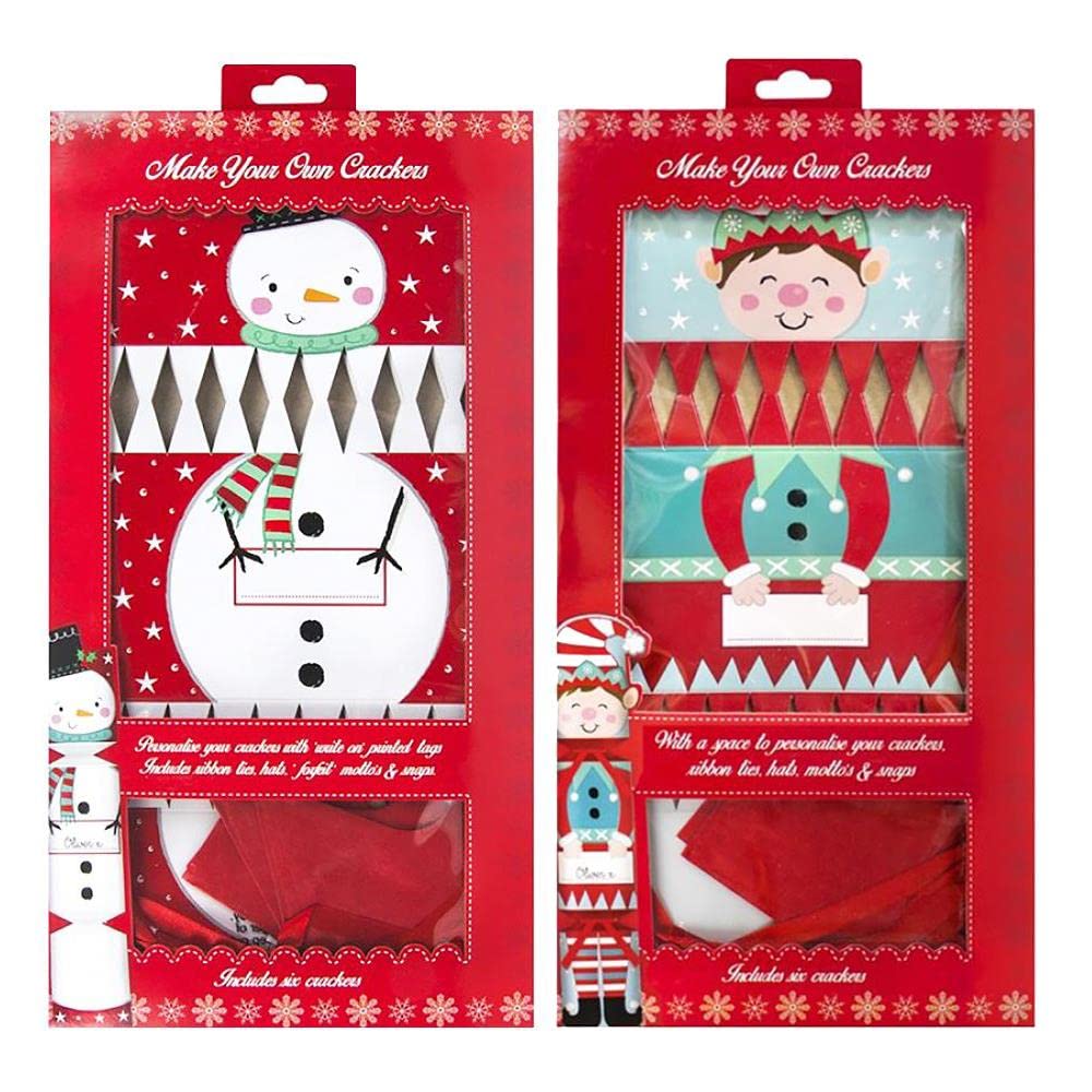Yöl Red Set Of 12 Make Your Own Personalised Christmas Crackers - 6 Elf And 6 Snowman, With Xmas Hats And Jokes