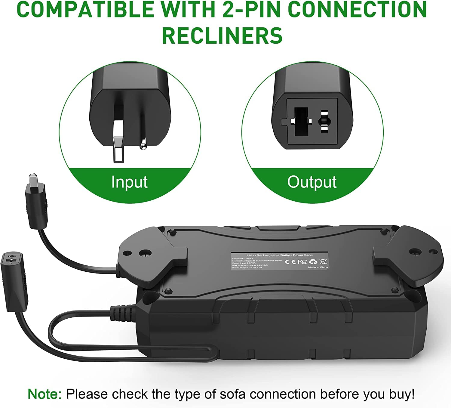 Batteria per mobili reclinabili da 2500 mAh, universale, senza fili, ricaricabile, per poltrona reclinabile elettrica, divano, poltrona, sedie elevabili, adatta per mobili con connessione a 2 poli