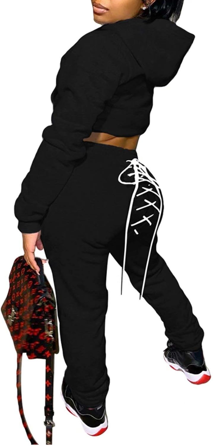 Neyaolk Womens Outfits Sweatshirt Tracksuit - Long Sleeve Cropped Hoodie Bodycon Lace Up Back Pant Set Sweatsuit