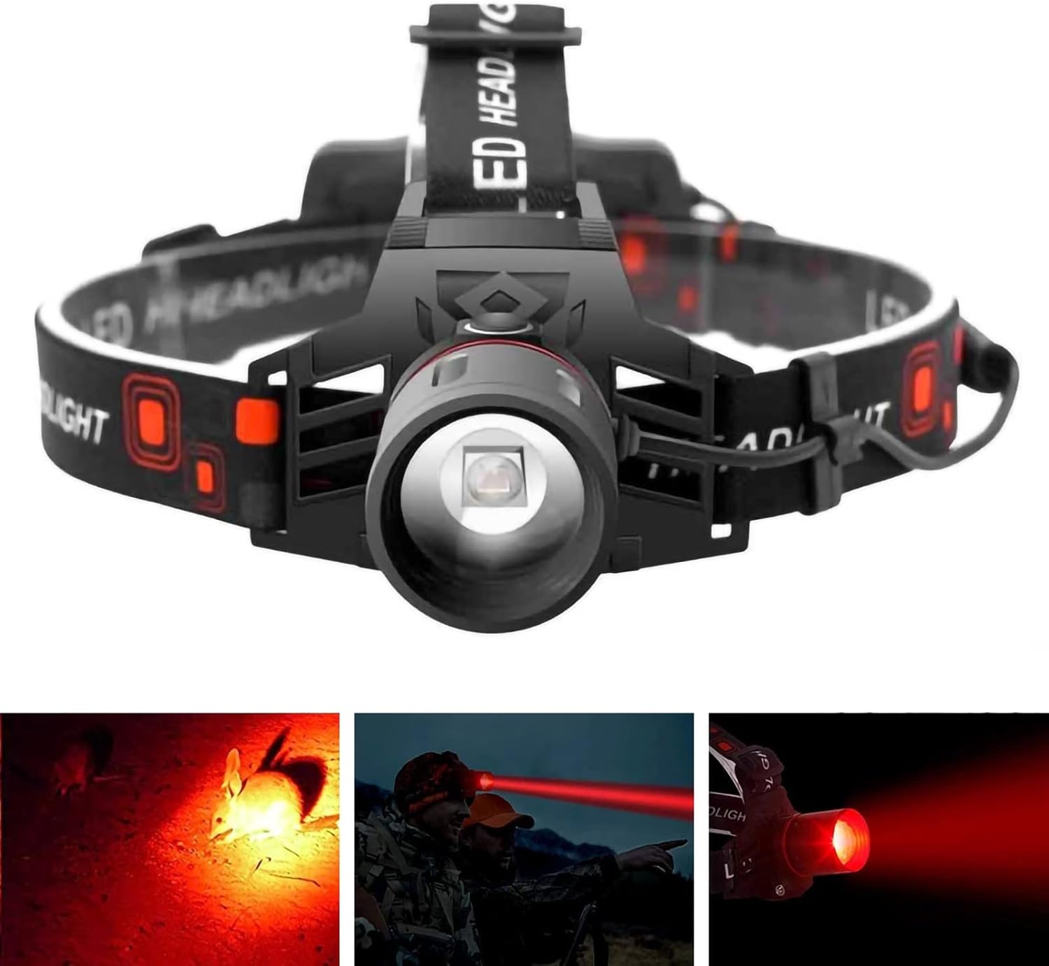 WINDFIRE Red Light Hunting Headlamp Rechargeable, 600 Lumens Bright LED Headlight 3 Modes Tactical Zoomable Headlamps for Astronomy Night Vision Predator Hunting Coyote Hog