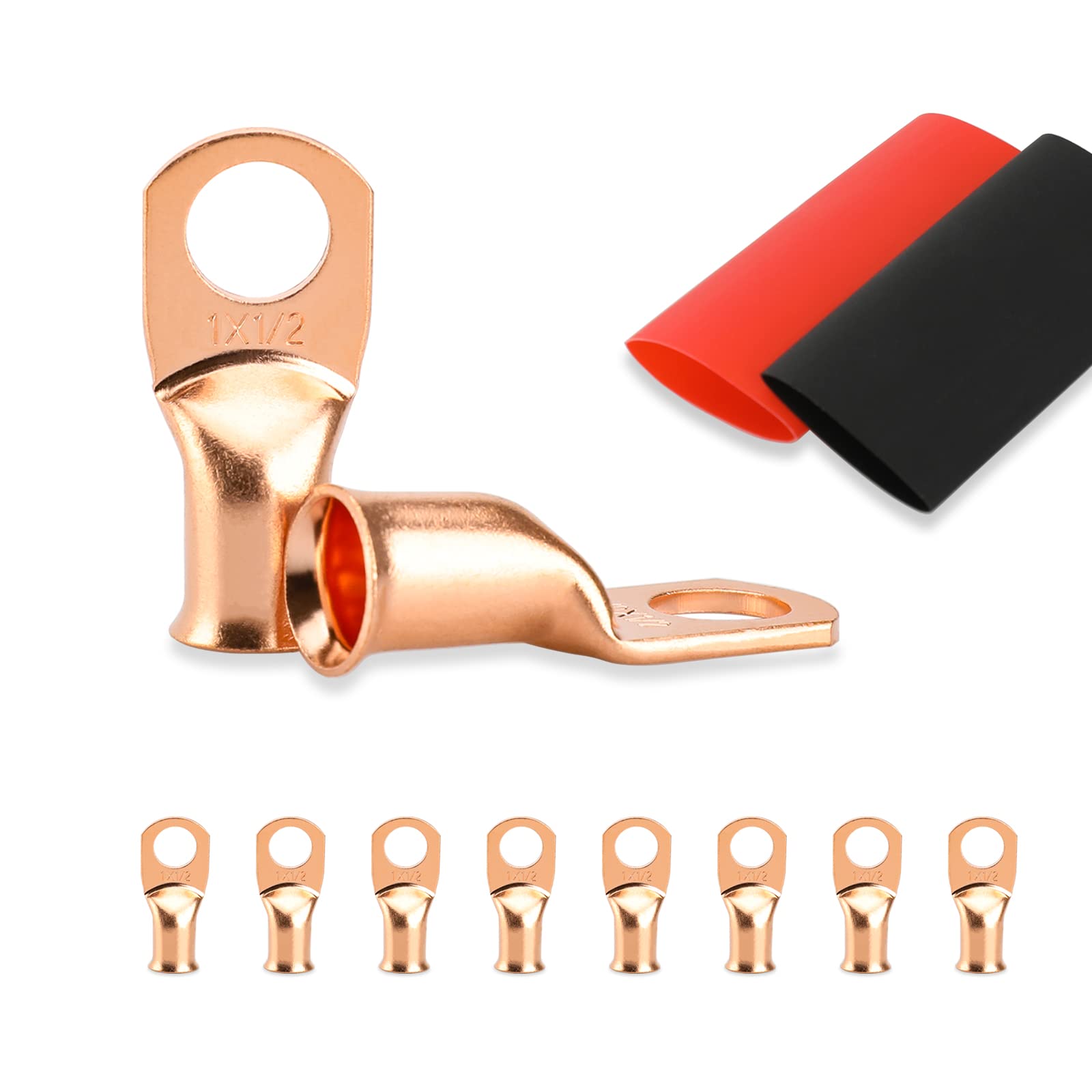 8PCS Battery Cable Ends, 1 Gauge Wire Connectors 1/2 Copper Wire Lugs, Bare Copper Eyelets with Heat Shrink Tubing by HOUSUN