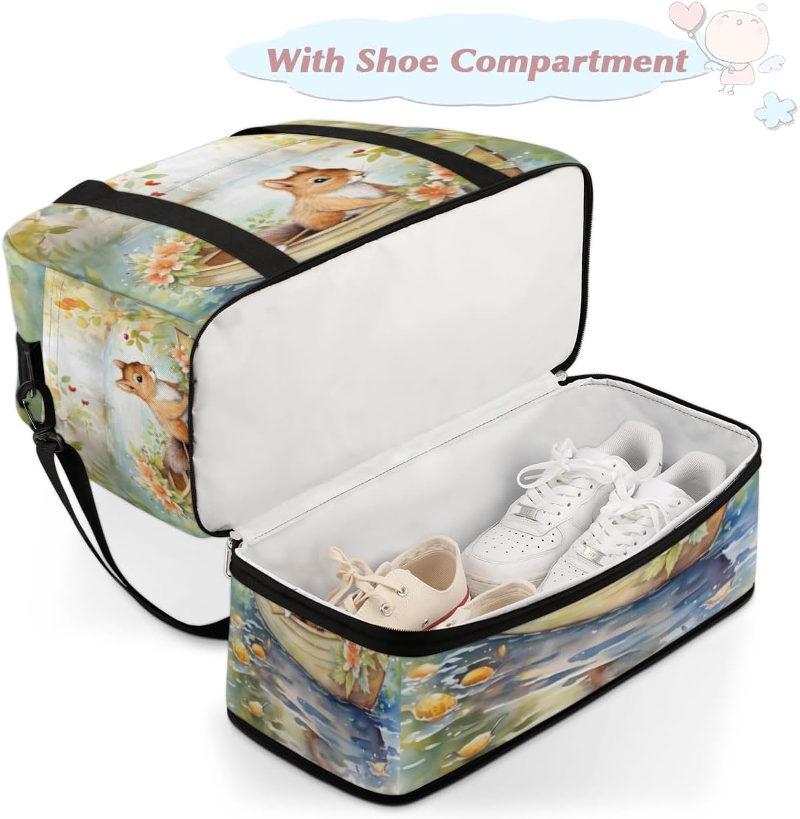 QsirBC Squirrel Fun Decor Gym Bag for Women Duffle Tote with Shoes Compartment Men Weekender Duffel for Dance Travel Sports Swimming Overnight
