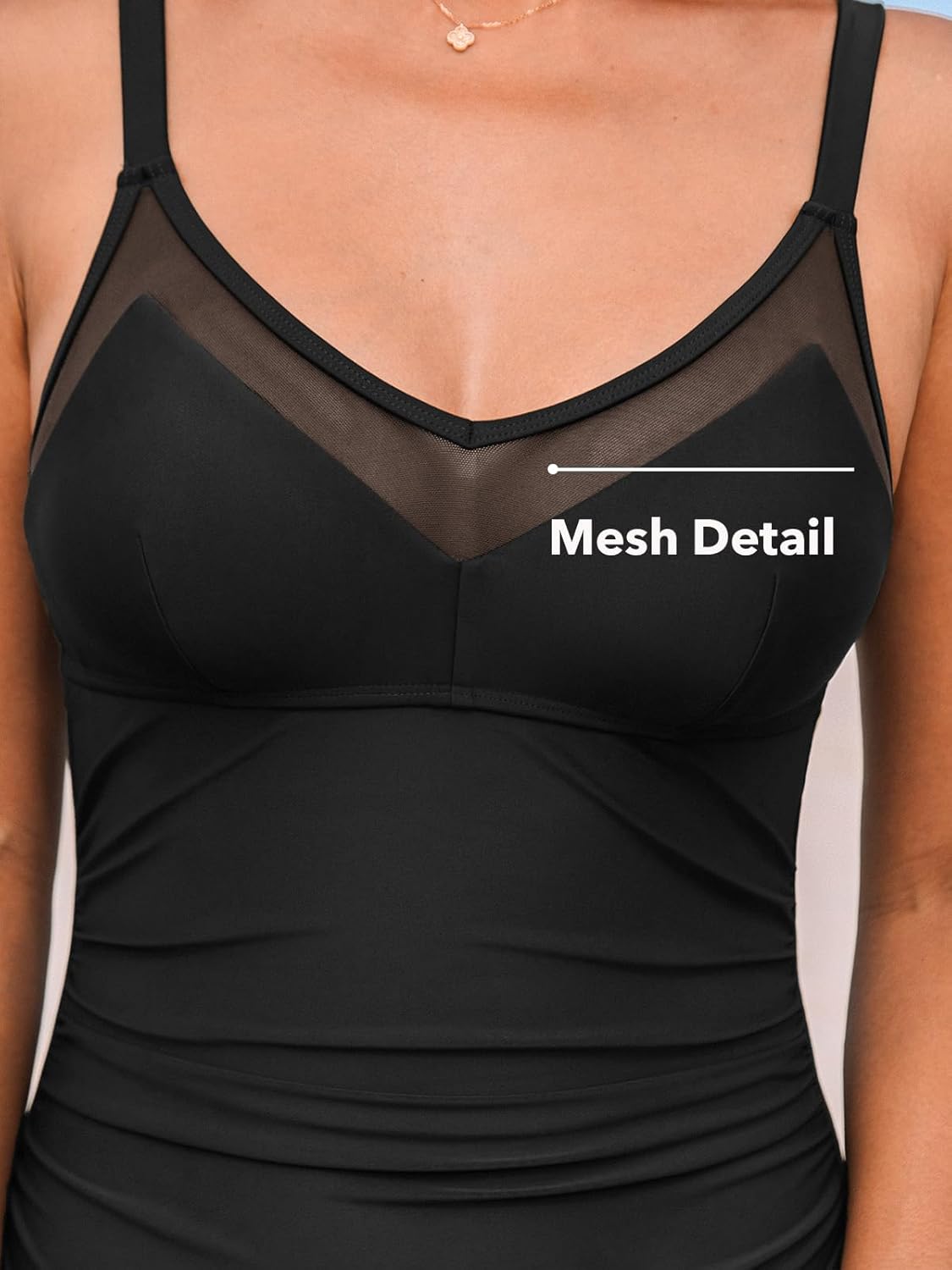 CUPSHE Women's One Piece Swimsuit Bathing Suit V Neck Back Hook Cutout Adjustable Straps Ruched Mesh - Image 4