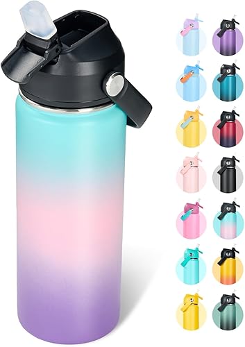 Botella de agua de acero inoxidable aislada de 18 oz, de boca ancha, de doble pared, con vacío, pajita de silicona, a prueba de sudor y fugas, libre
