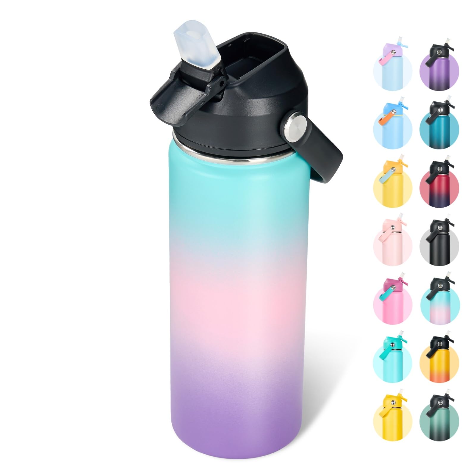 Fijinhom 18oz Insulated Stainless Steel Water Bottle, Wide Mouth Double Wall Vacuum, Silicone Straw, Sweat &amp; Leak Proof, BPA Free Insulated Water Flask for Travel, Keep Cold 24h Hot 12h, Pink