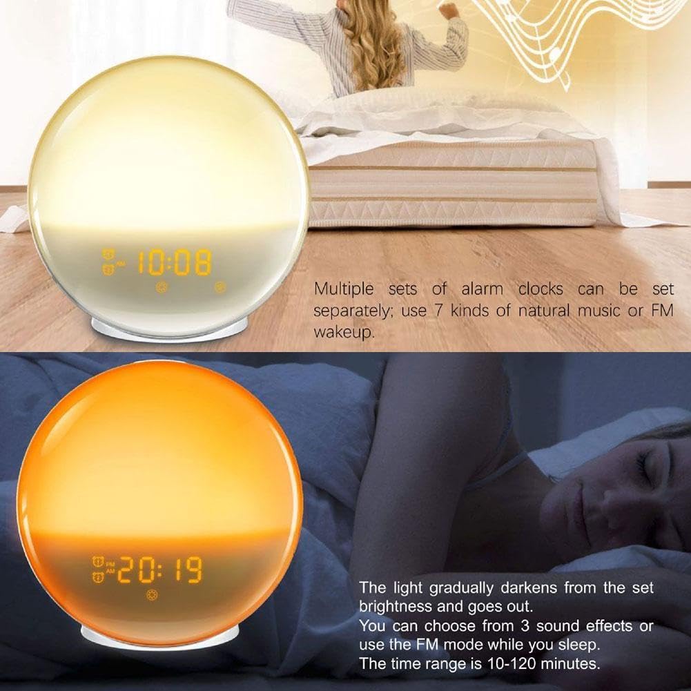 Reloj despertador de amanecer para niños con luz colorida y radio FM, luz de despertador con simulación de amanecer y atardecer