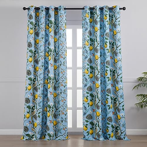 Image of Topfinel Blue Patterned Curtains 2 Pages 96 Inches Long Blackout Heat Block Farmhouse Watercolor Floral Flower Hummingbird Printed Drapes Grommet Window Treatment for Living Room,96 Inch Length
