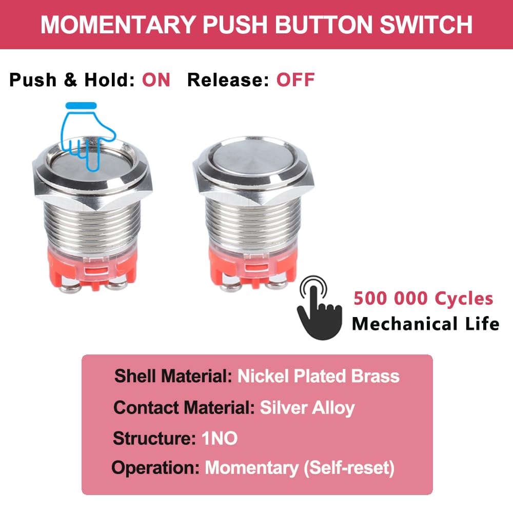 16mm Heavy Duty Momentary Metal Push Button Switch Waterproof Large Current 20Amp 12V 24V 110V ON-Off 1NO 2 Screw Terminals for 5/8" Mounting Hole Without LED