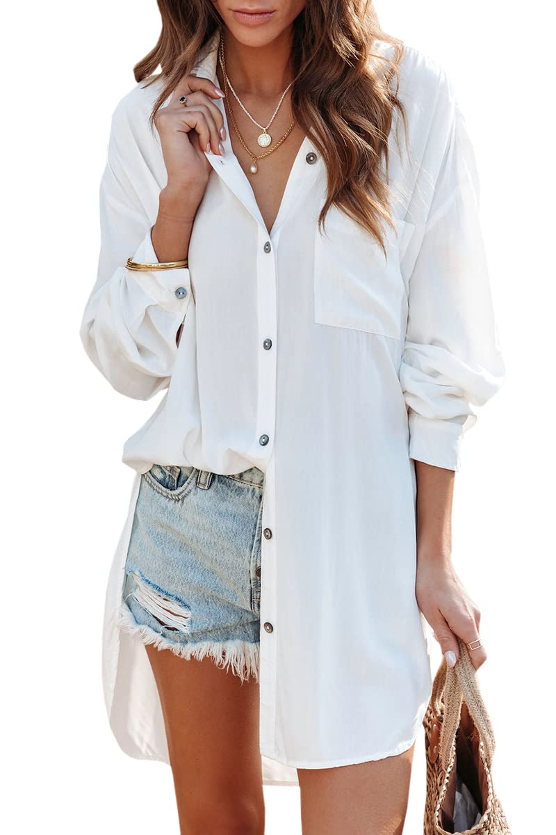Photo 1 of *similar to stock* FSHAOES Womens' Oversized Button Down Shirts Long Sleeve Shirt Dress Casual Loose Long Blouses A-white Large