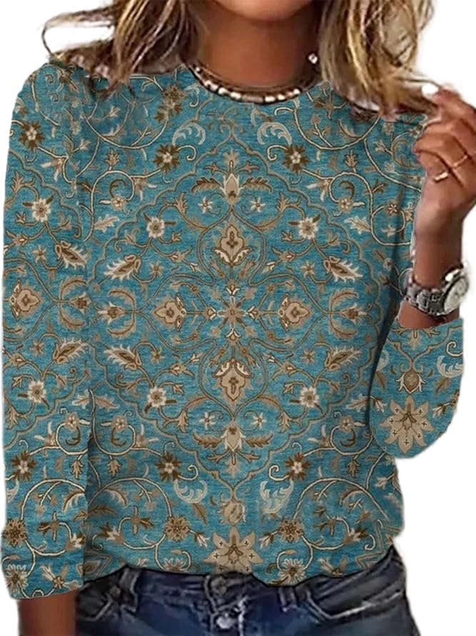 Womens Boho Floral Long Sleeve Dressy Casual Blouse Vintage Ethnic Print Tops Shirts
