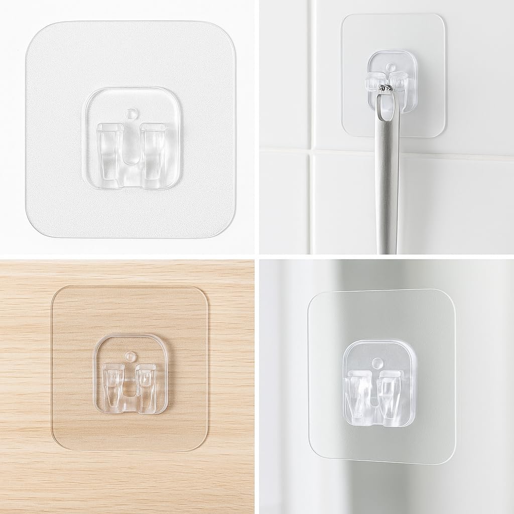Transparent Self Adhesive Wall Hooks (Pack of 10) | Heavy Duty Waterproof Sticky Hooks, Strong No Drill Clear Wall Hooks for Bathroom, Kitchen, Door, Bedroom, Office & Home Organization - Self Adhesive Hook - Image 3