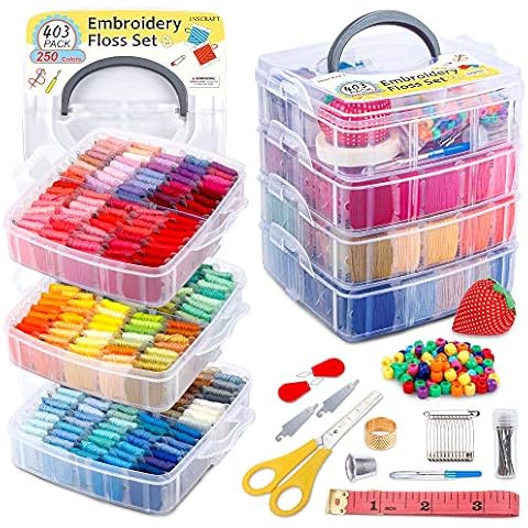 Inscraft 403 Pack Embroidery Floss Set, 250 Colors Cross Stitch Friendship Bracelet Thread with 153 Pcs Cross Stitch Tool, 4-Tier Transparent Box for Storage Cover