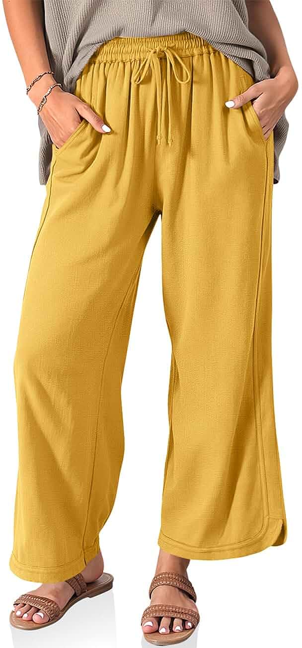 TARSE Womens Linen Wide Leg Pants with Pockets Loose Fit, Drawstring High Waisted Palazzo Pants, Casual Lounge Summer Boho Beach Vacation Travel