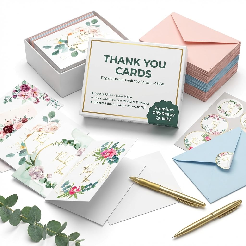 WHOLISTIC JOY Thank You Cards – 48 Bulk Set with Envelopes & Stickers – Eucalyptus Greenery, Gold Foil, Blank Inside – Wedding, Business, Baby Shower,