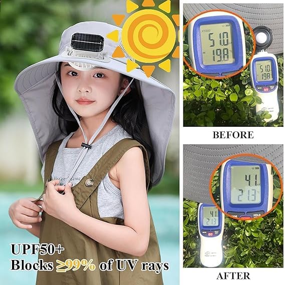 Wide Brim Solar Fan Hat for Kids, Wide Brim Sun Hat with Solar Fan for Kids, USB Charging, for Outdoor Activities, Fishing 7