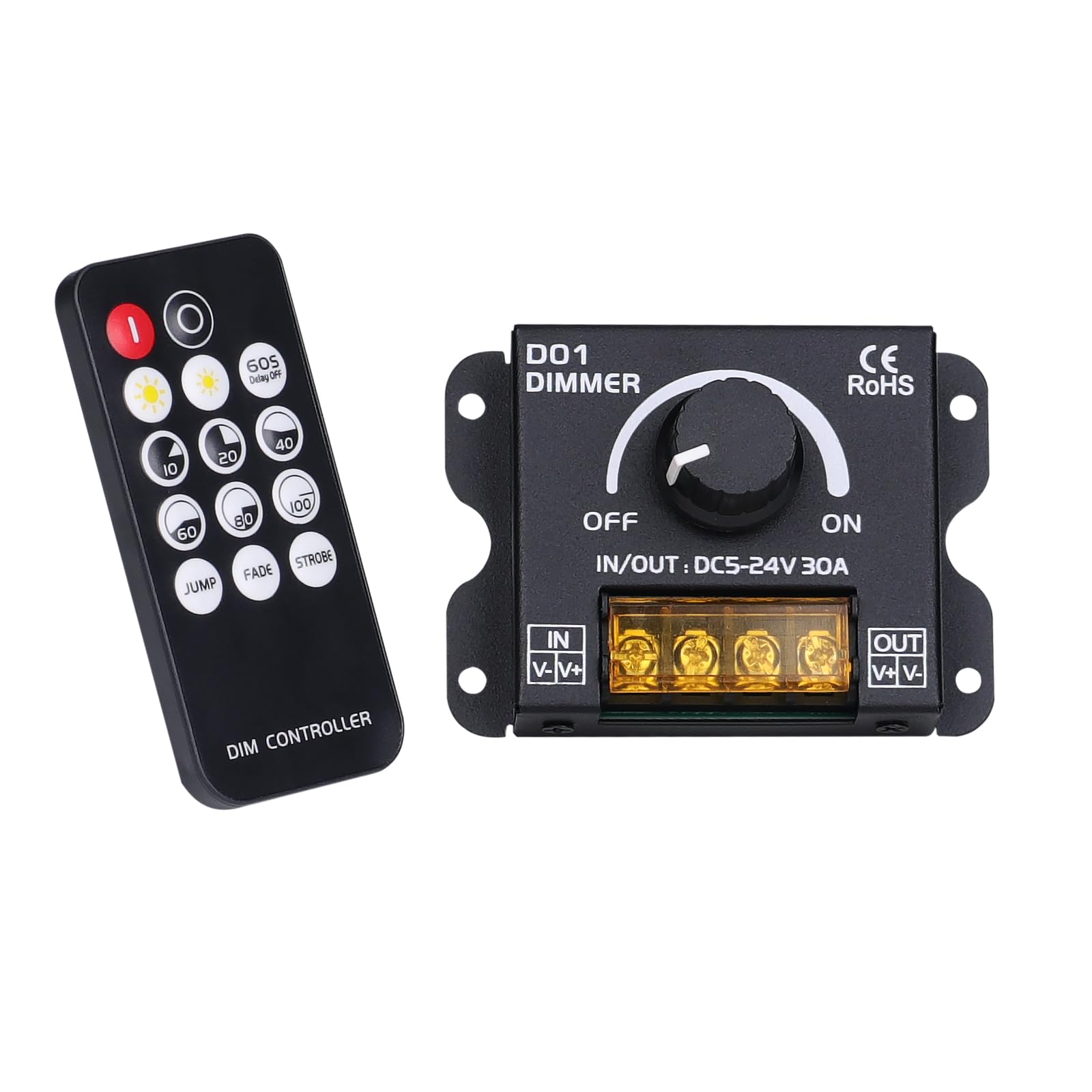 BENLUN DC 5V-24V 30A RF LED Dimmer, LED Switch Controller mit ON/Off Knopfschalter und Fernbedienung, für COB 5050 2835 LED Streifen Einzelne Farbe Helligkeitseinstellung