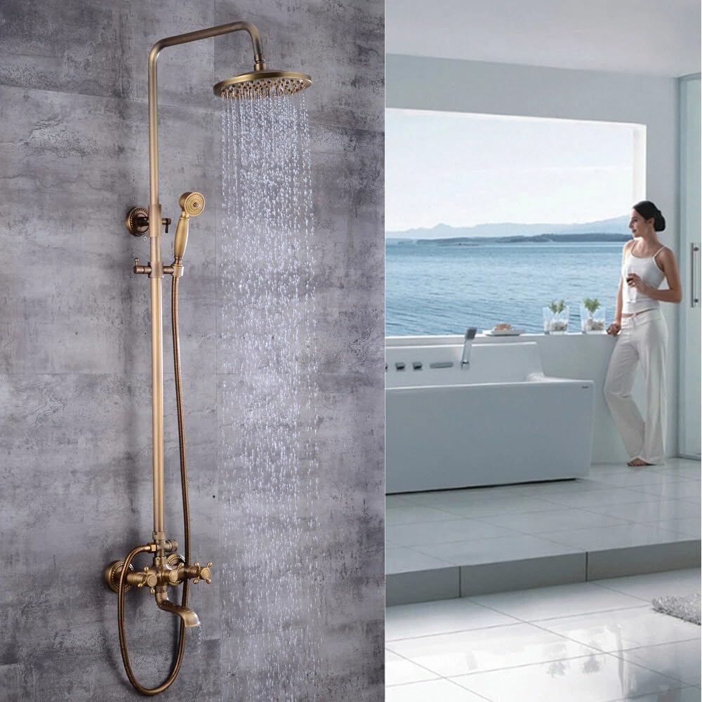 Colonna doccia bronzo con doccia a pioggia e doccetta a mano, set doccia vintage per bagno, set doccia in rame regolabile in altezza, rubinetto da bagno retrò con attacco da 150 mm