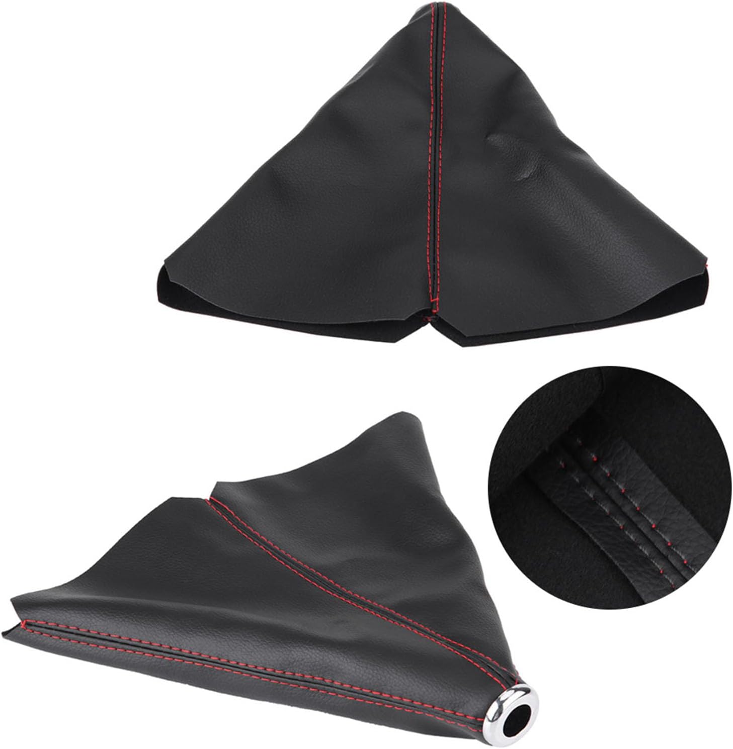 EVGATSAUTO Universal Gear Shift Knob Cover for Car, Black PU Leather Shift Boot with Red Stitching, Easy Install Manual Transmission Shifter Cap Replacement