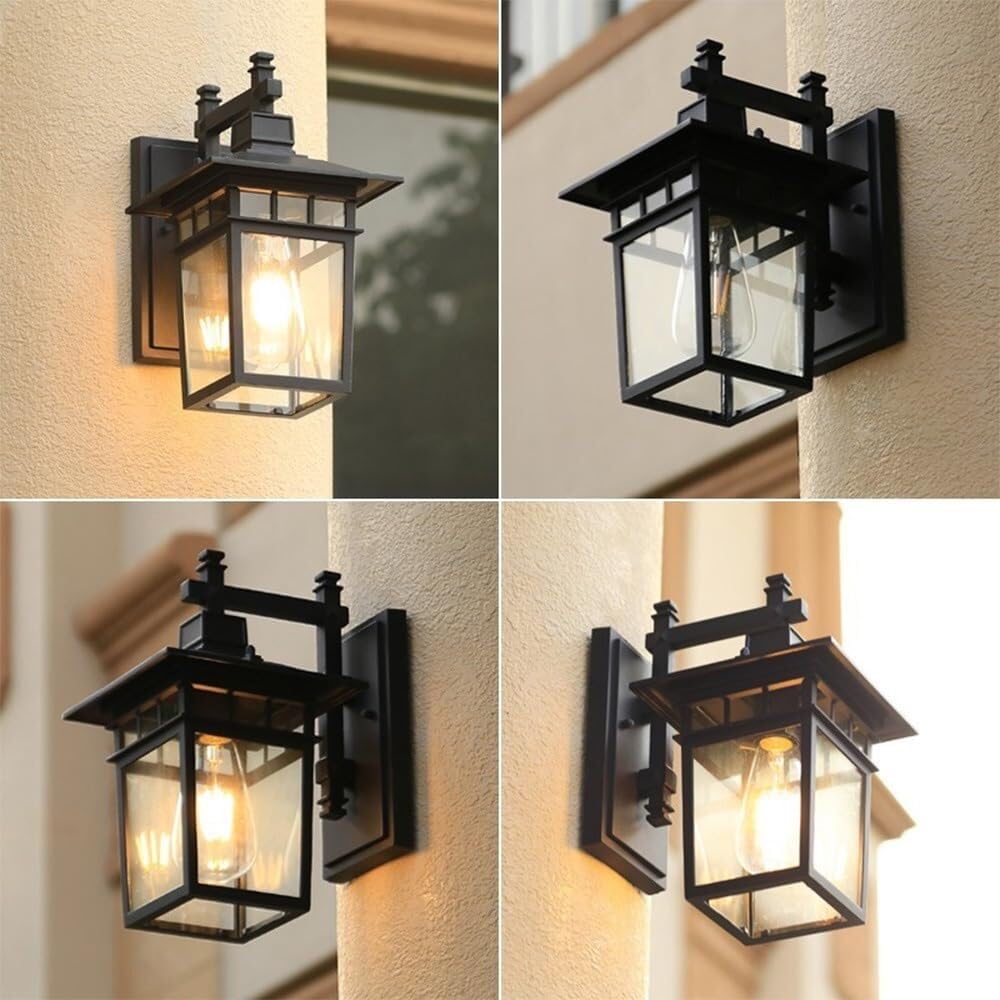 Wejścia Lampa Zewnętrzna Kwadratowa Czarna Zewnętrzna Lampa Ścienna Wodoodporna Szklana Latarnia Vintage Kinkiet Ścienny Aluminiowa Do Ogrodu Oświetlenie Ogrodu(4 Pack)