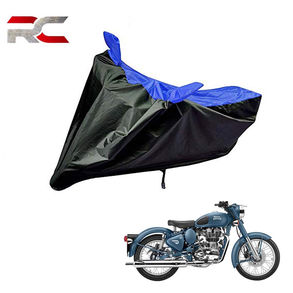 Riderscart 100% Waterproof, Dustproof & UV Protection Bike Cover with Mirror Pocket and Storage Bag Body Covers for Enfield Classic Squadron 500 - Black & Blue