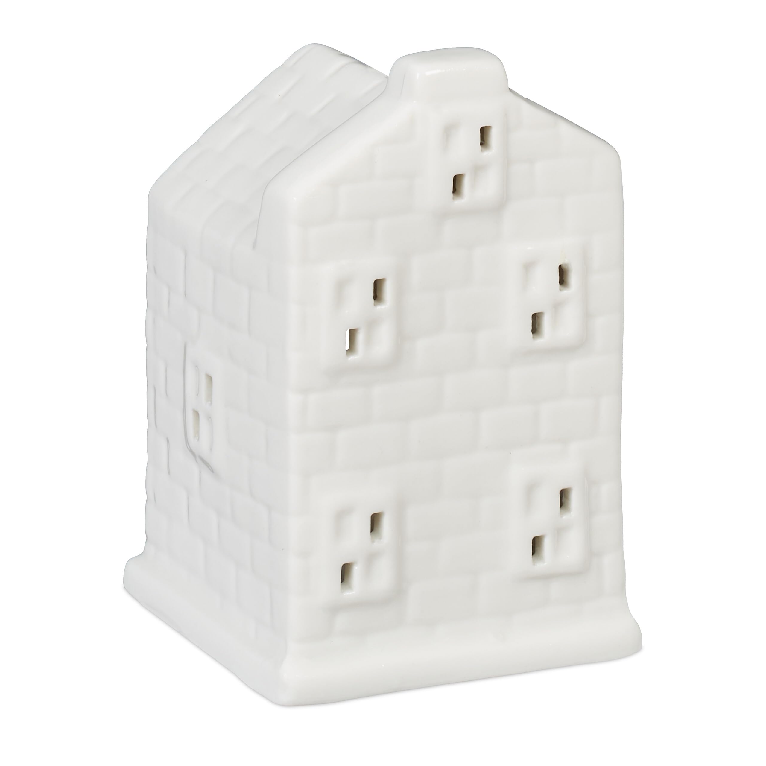 Relaxdays Casetta Portacandele in Ceramica, Casa Luminosa Porta-Tealight, per 1 Candelina, HLP: 11 x 7 x 6,5 cm, Bianco