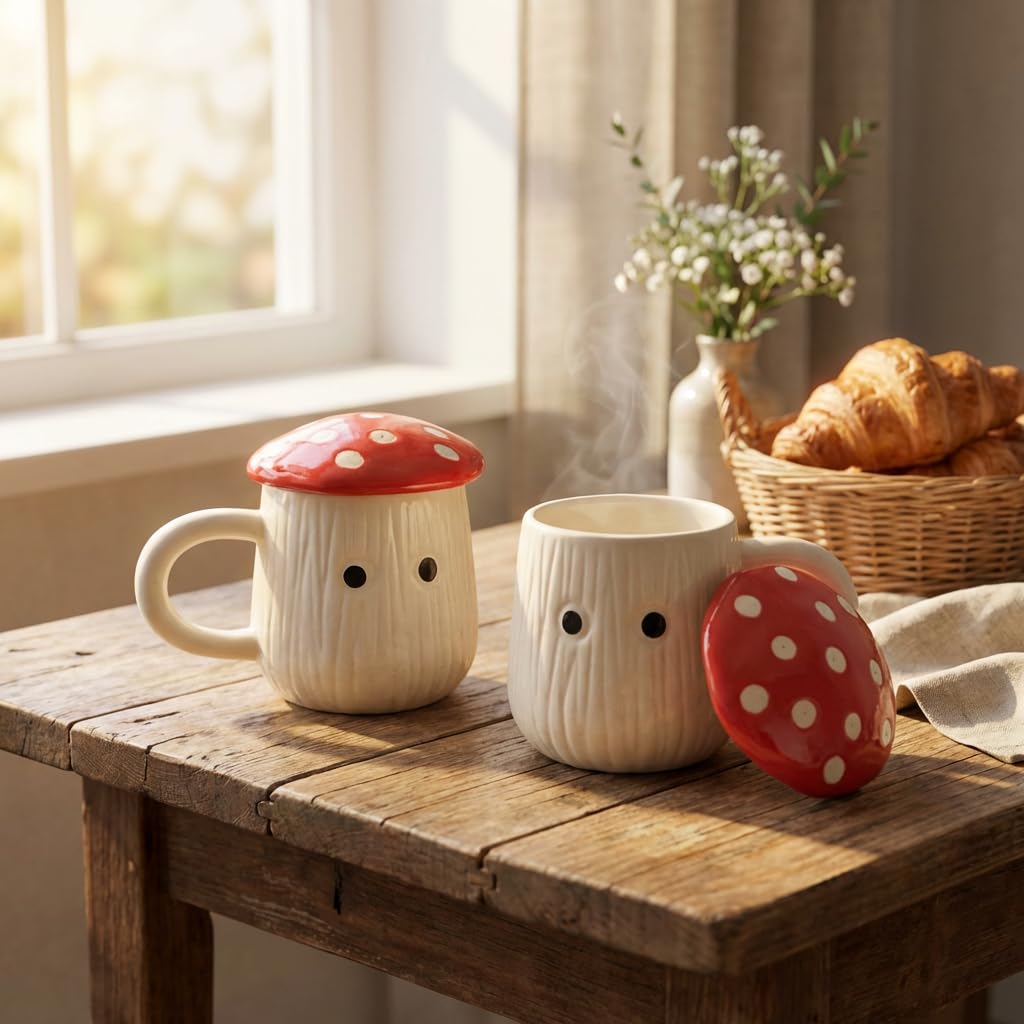 Red Mushroom Ceramic Mugs with Lid Set of 2 | 300ml Coffee Tea Cups Polka Dot | Microwave Dishwasher Safe | Valentine Couple Gift | Home Decor Kitchen Dining Handmade India-image-22