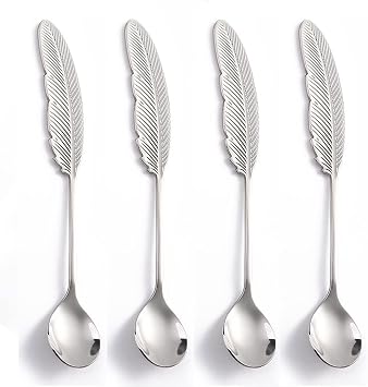 10 Pieces Dessert Spoons Stainless Steel, Cute Teaspoons Set, Espresso Spoons for Coffee Tea Ice Cream Cake Pudding Dessert Condiment, Coffee bar Stirring Spoons, Feather Shape 6.1 inch