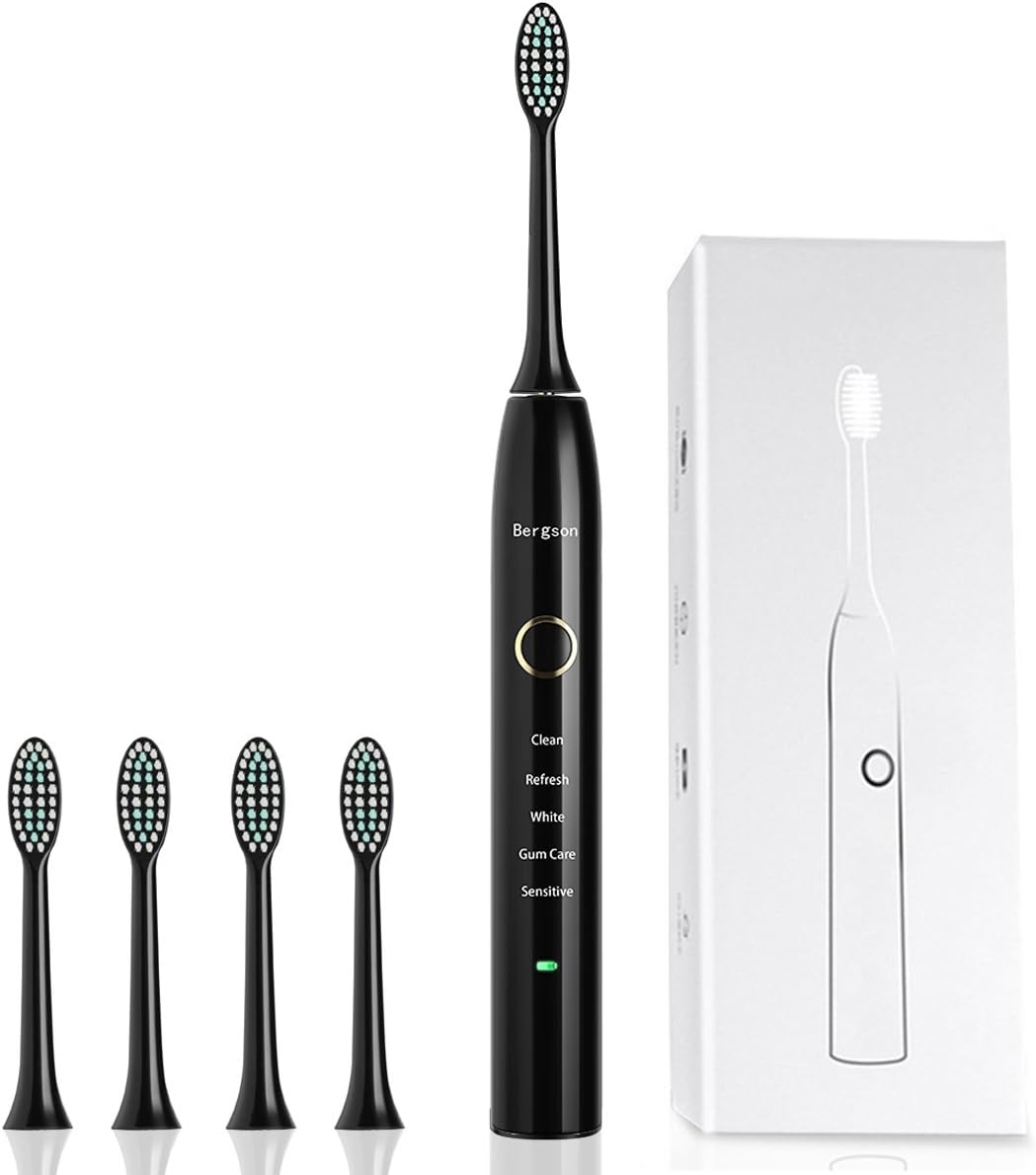 Sonic Electric Toothbrush Pro-Health Precision Clean as Dentist Rechargeable Waterproof with 5 Brushing Modes 4 Replacement Heads for Superior Plaque Removal and Healthy White Gums Bergson (Black)