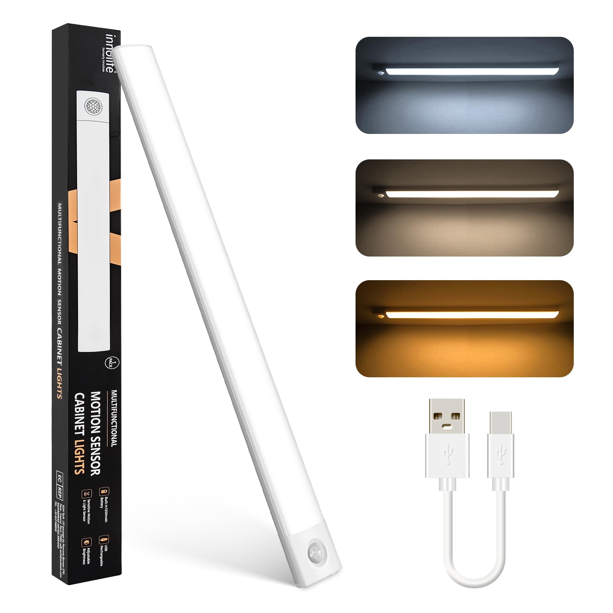 innolife 40cm Under Cabinet Kitchen Lights,80LED Super Bright,3 Color & Stepless Dimming,4 Modes,Motion Sensor,2200mAh USB-C Rechargeable Cupboard Light with Magnetic Sticker for Kitchen,Closet,Stair