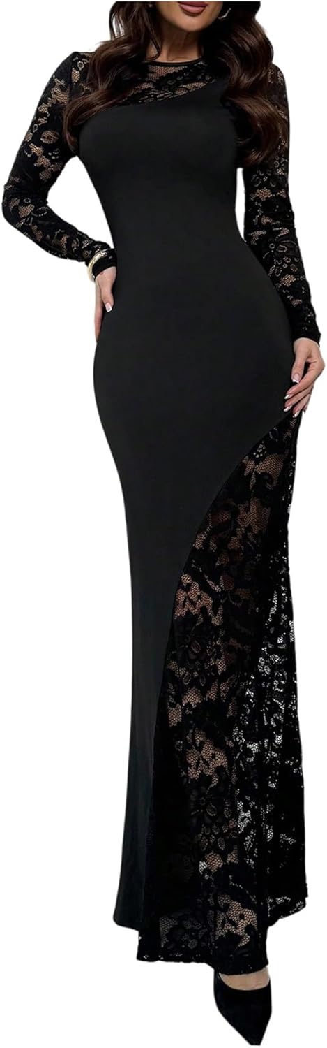 Floerns Women's Floral Mesh Maxi Fall Dress Long Sleeve Sheer Bodycon Cocktail Wedding Guest Dresses