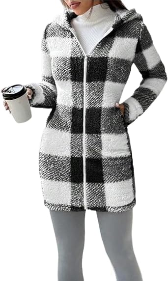 Womens Plaid Jacket Winter Fuzzy Fleece Zip Up Hooded Jackets Casual Color Block Slim Fit Long Sleeve Coats Outwear