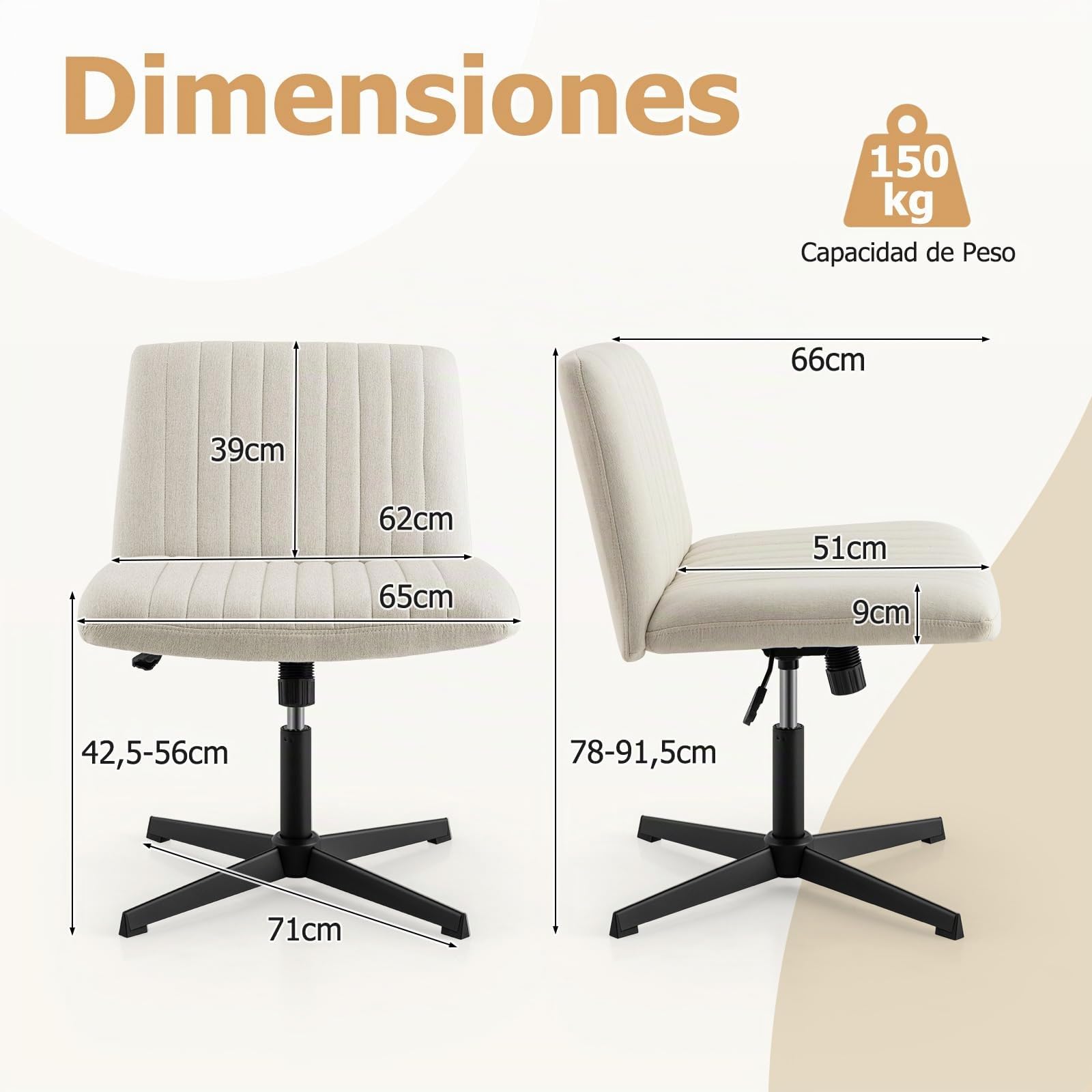 COSTWAY Silla Escritorio sin Brazos, Silla de Oficina con Tela de Lino, Mecedora 120°, Altura Ajustable, Silla Tocador con Piernas Cruzadas Estudio Dormitorio Oficina, 71 x 66 x 78-91,5 cm (Beige)
