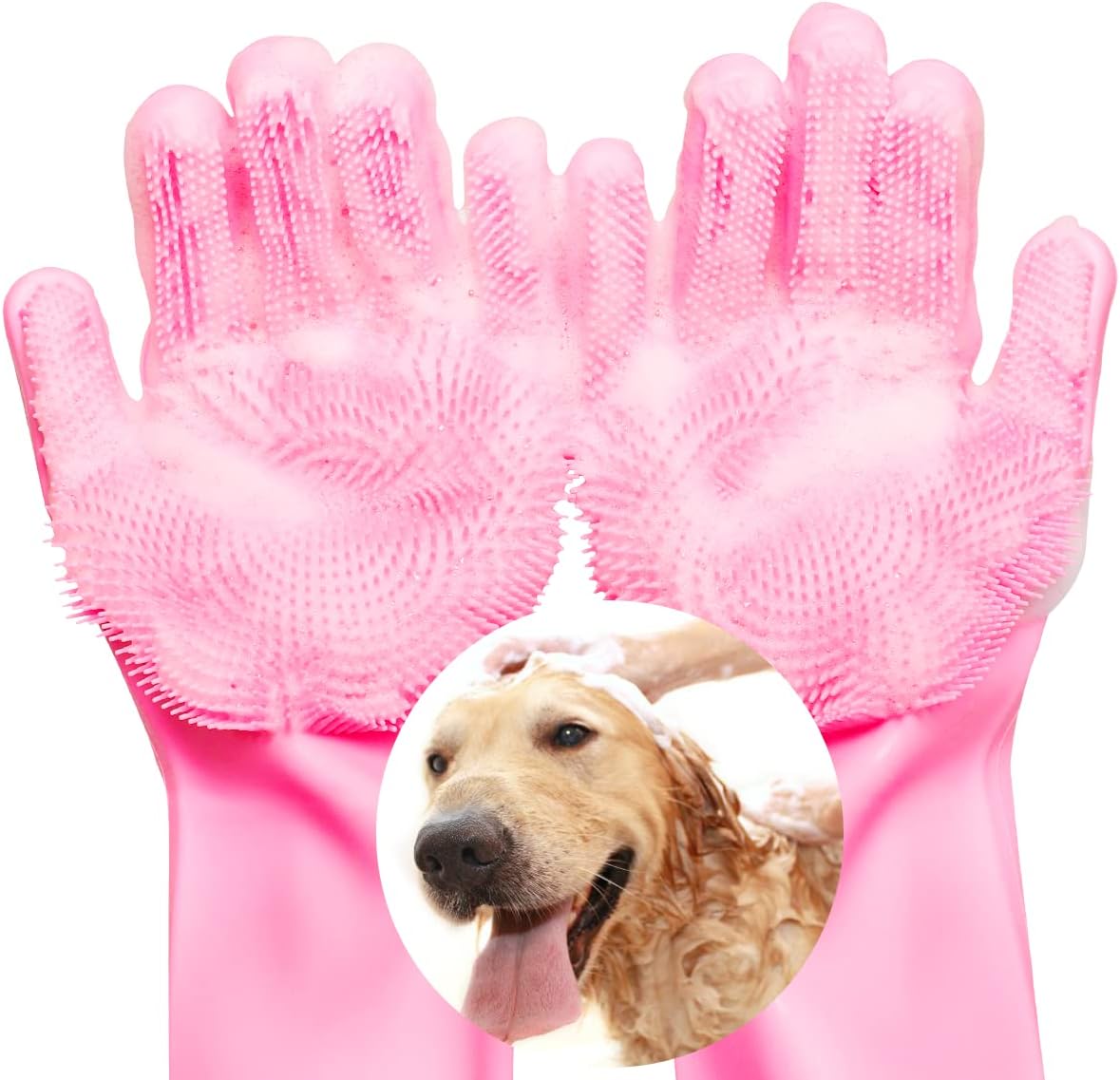 VavoPaw Magic Pet Grooming Gloves, Dog Bathing Shampoo Gloves with High Density Teeth, Heat Resistant Silicone Pet Hair Remover Brush for Cat & Dogs, Pink