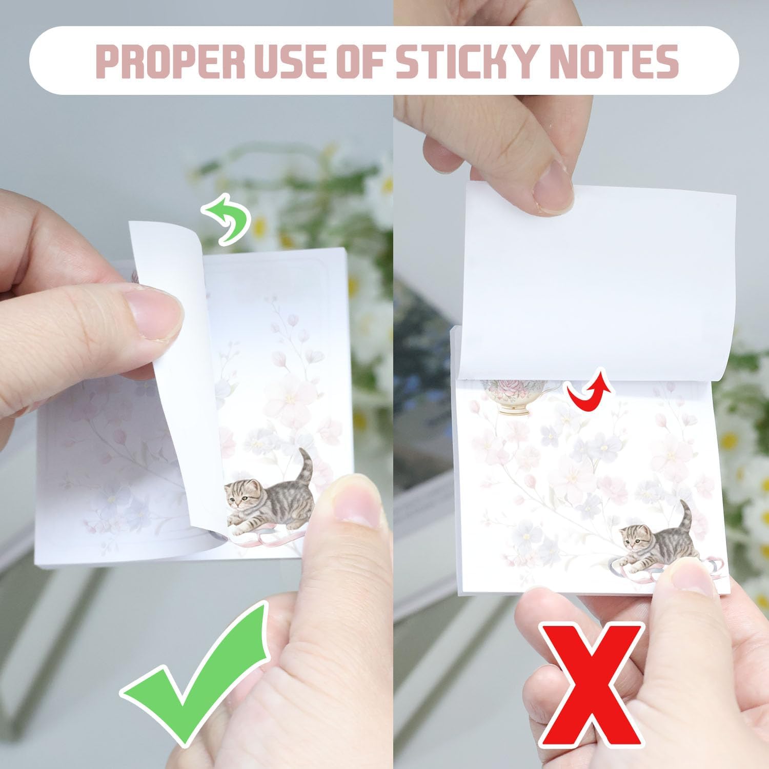 Flower Cat Sticky Notes Cute Cats Flower Design Self-Stick Memo Pads, Theme Party Gifts Funny Stick Notes Cat Lovers for Office School Home Supplies Desk Decor,4 Books 200 Sheet image 3