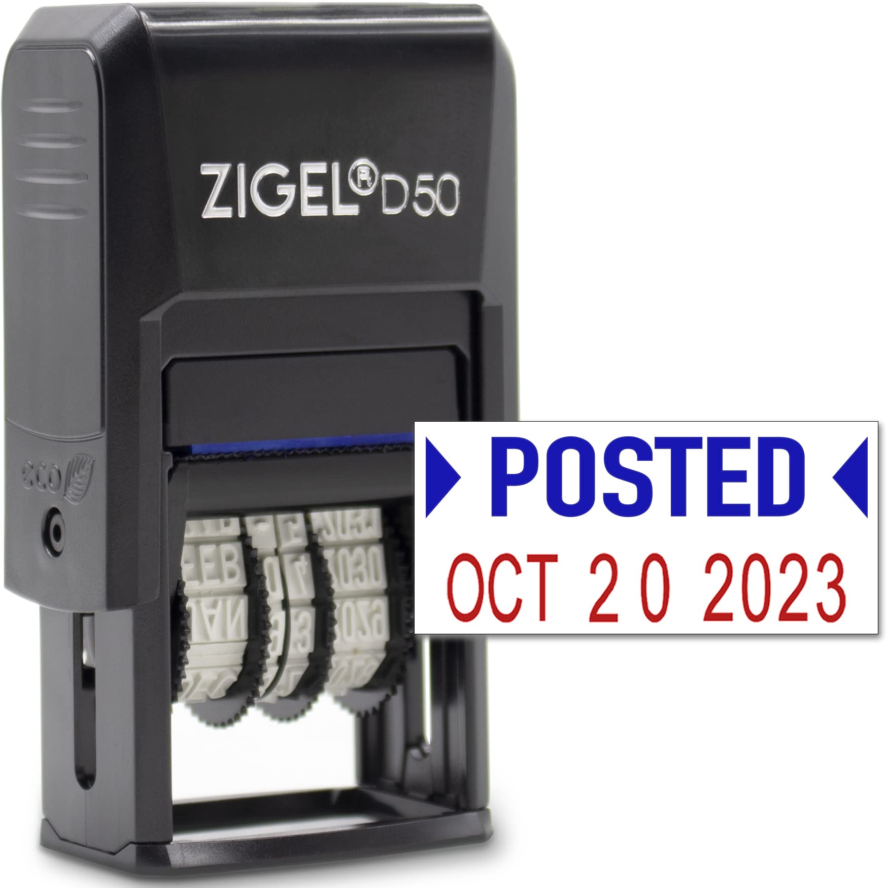 Zigel - Timbro con data autoinchiostrante, colore: Blu/Rosso POSTED