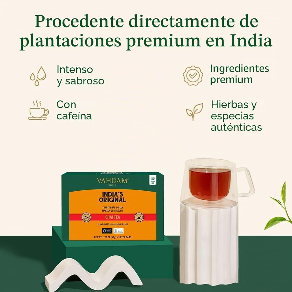 VAHDAM, Original Masala Chai Té (30 Piramidales Bolsitas De Té) Masala Chai | Bolsa De Con Especias Chai | 100% Pura Y Natural | Caliente, Frío O Como Kombucha