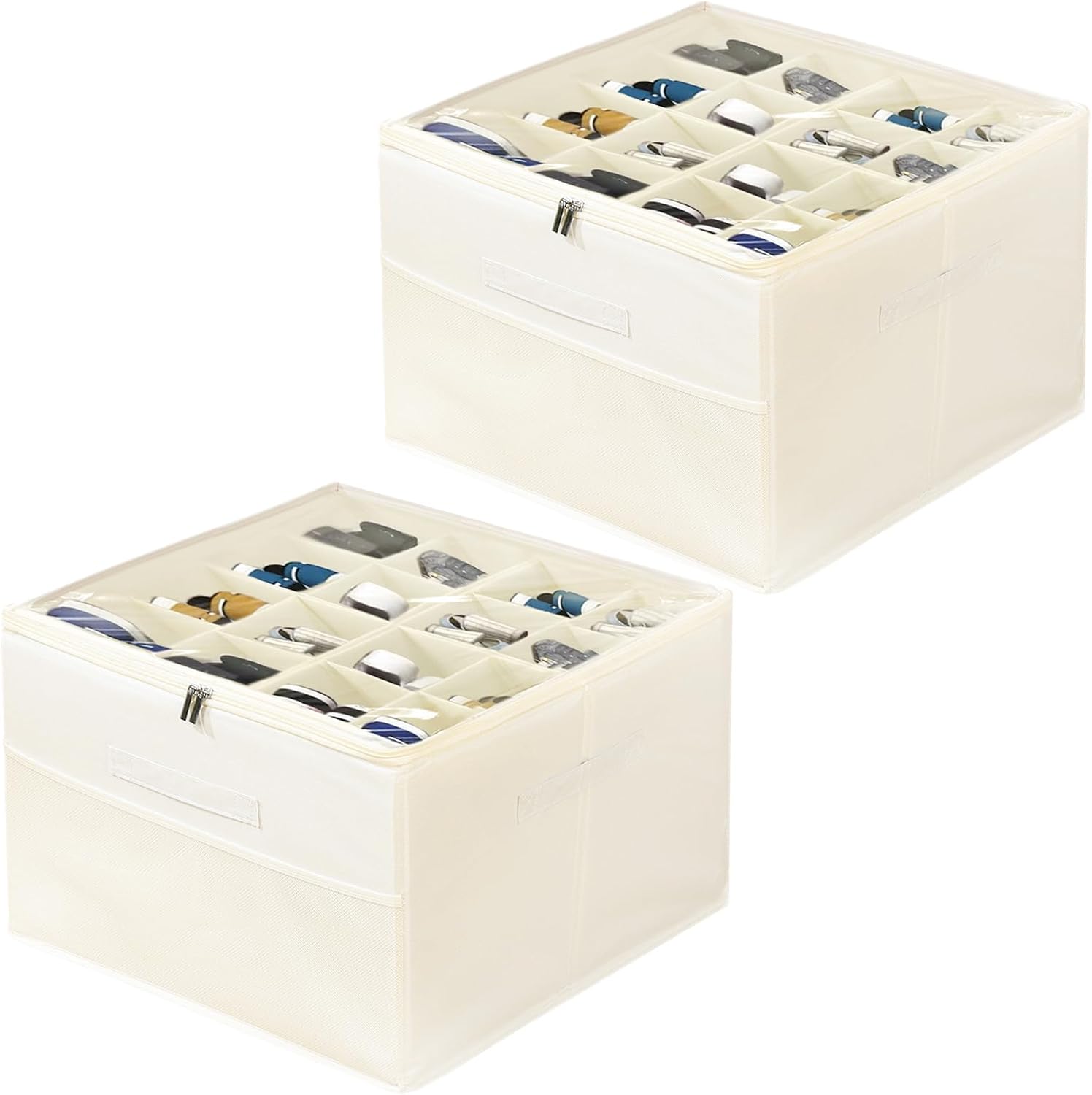 MYUPDALIN Shoe Organizer for Closet with Clear Cover and Adjustable Dividers,16-Slot Shoe Storage Box Fits Up to 16 Pairs with Reinforced Handles (2PCSbeige)