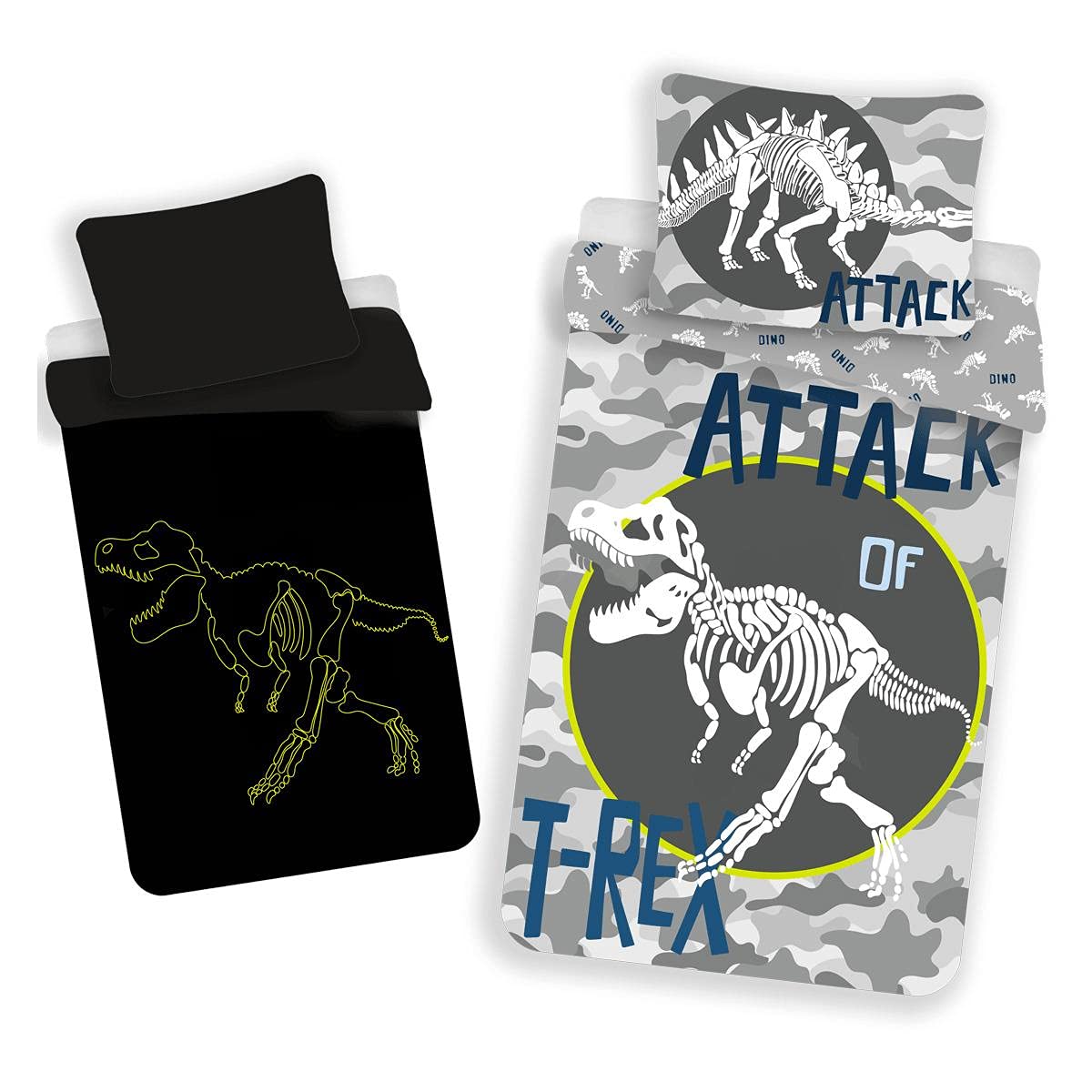 T-Rex Glow in the Dark Single Duvet Cover - European Size - Grey - Kids