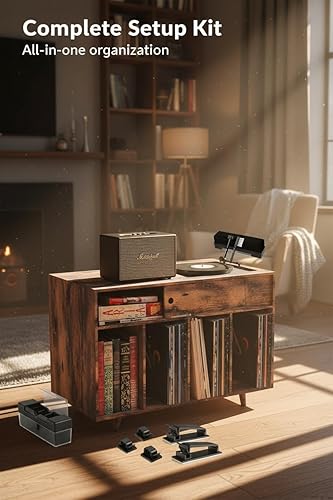 Miniatura 3 de Soporte para tocadiscos - Soporte grande para tocadiscos con almacenamiento de vinilo, soporte para tocadiscos de madera, soporte para discos de