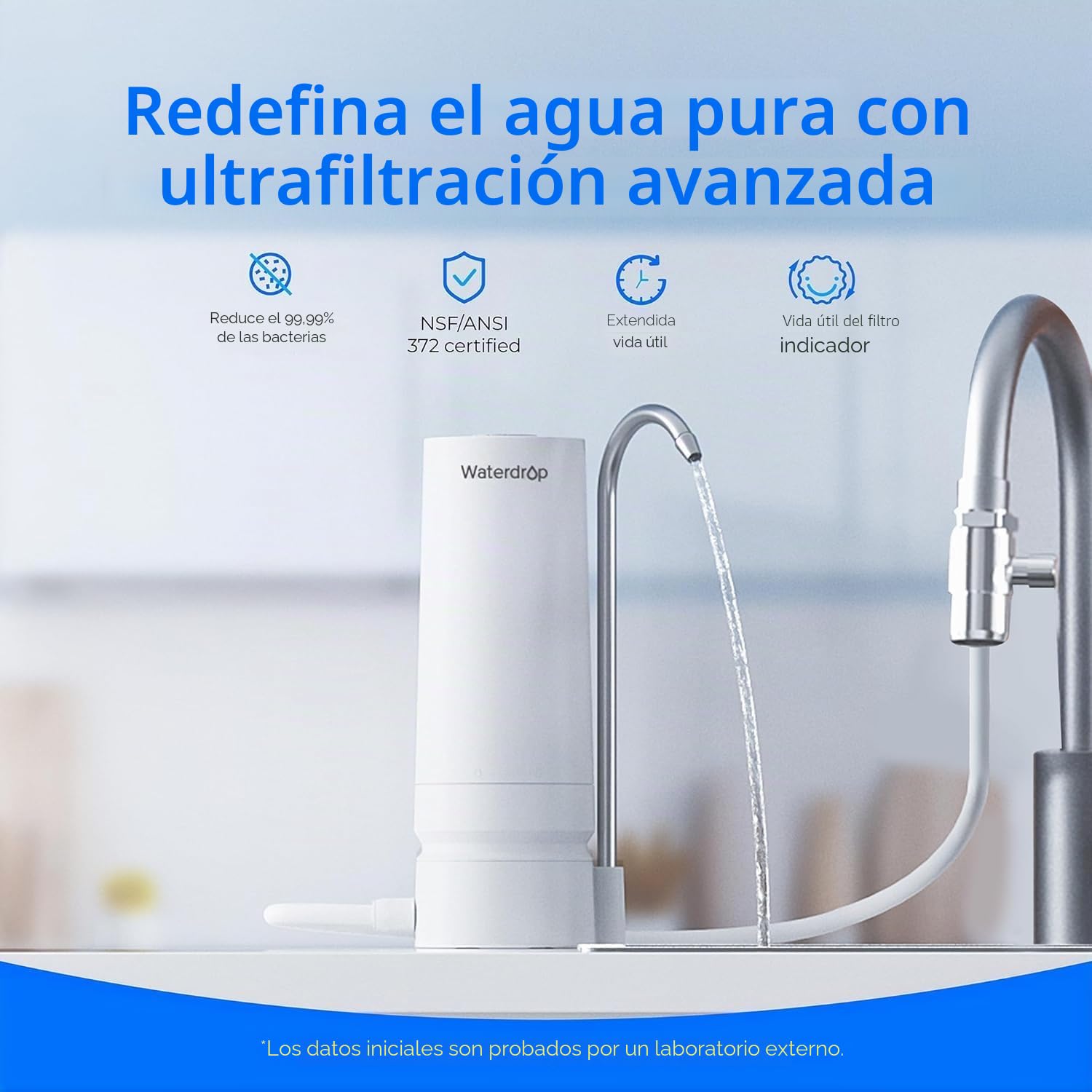 [Ultra Filtration] Waterdrop Filtro de Agua de Encimera, Recordatorio de la Vida Útil del Filtro, 4000 Galones, Reduce los Metales Pesados, el Mal Olor y el 99% de Cloro (1 Filtro Incluido) WD-CTF-07