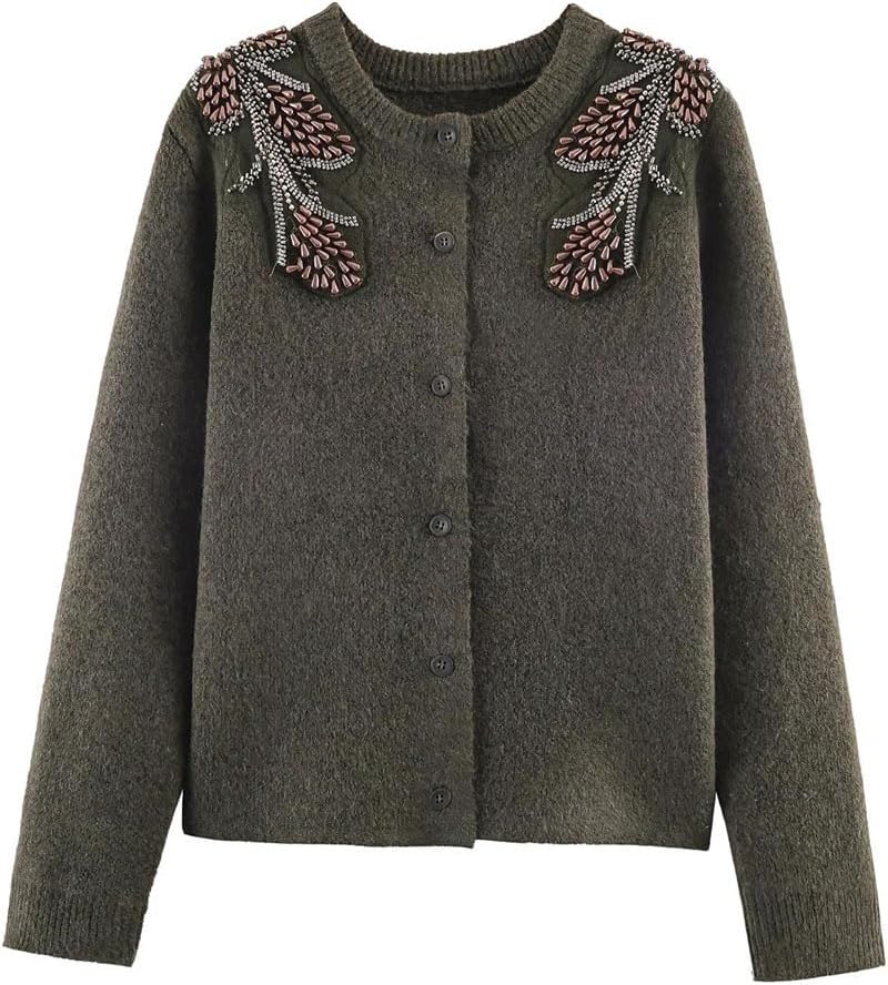 Women's Winter Round Neck Long Sleeve Beaded Knitted Cardigan Spring-Autumn Solid Color Casual Sweater Jacket