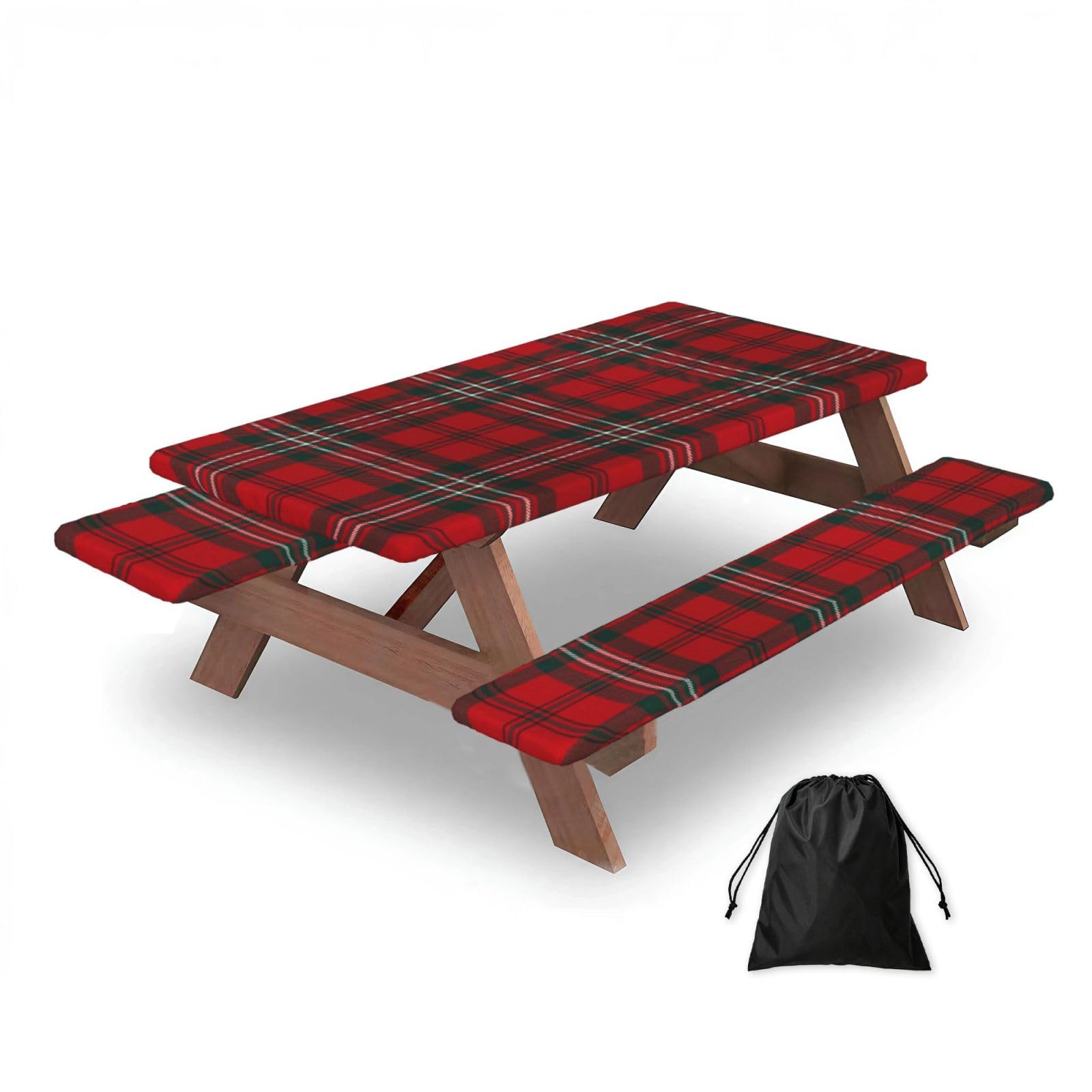 Dopklna As Picture Red Scottish Plaid, Picnic Table Cover With Bench Covers -Waterproof Elastic Fitted Tablecloth For Garden Camping Patio 76X152cm