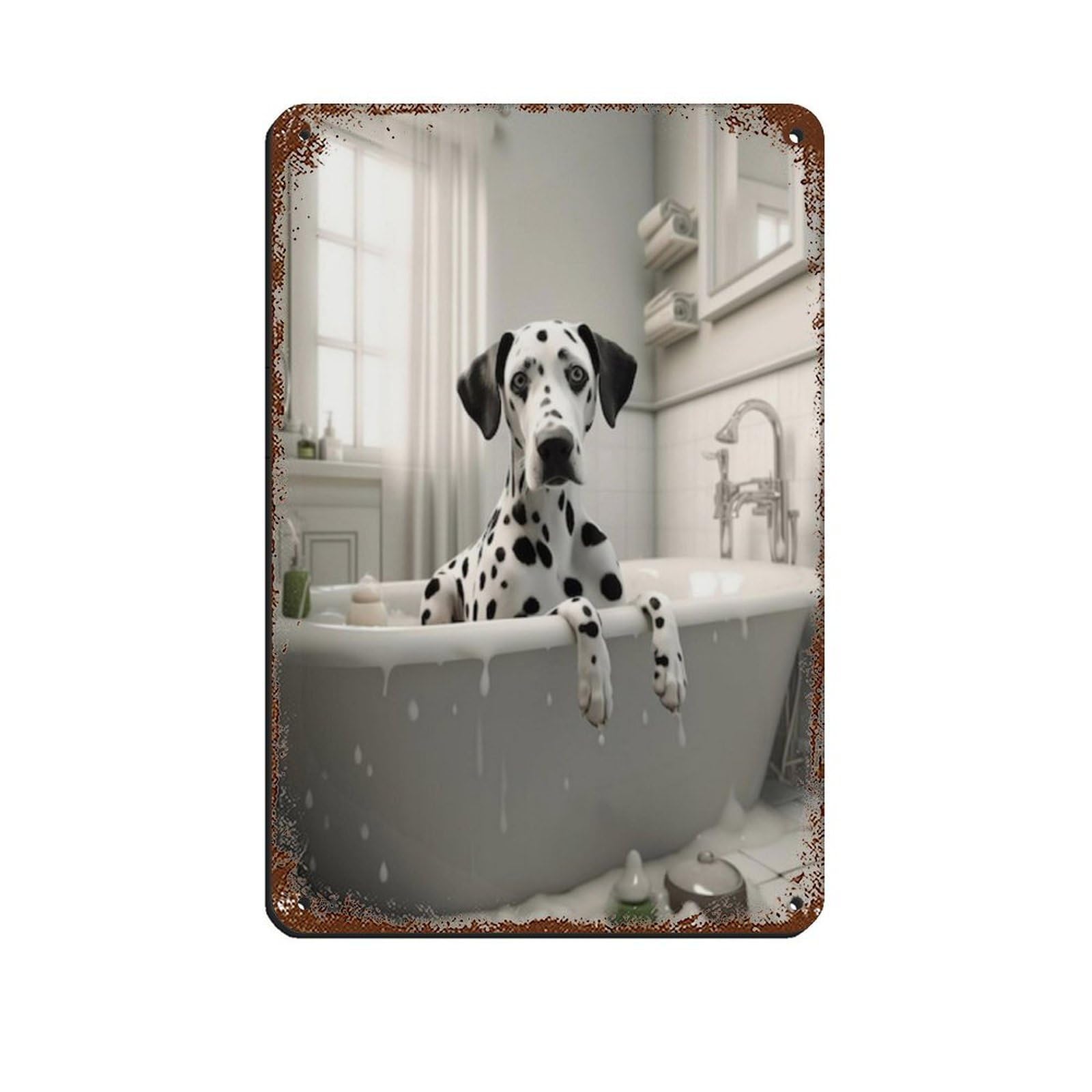 Cute Dalmatian in Tub Bathroom Art Poster Tin Sign Vintage Metal Pub Club Cafe Bar Home Wall Art Decoration Poster Retro 8x12inch(20x30cm)