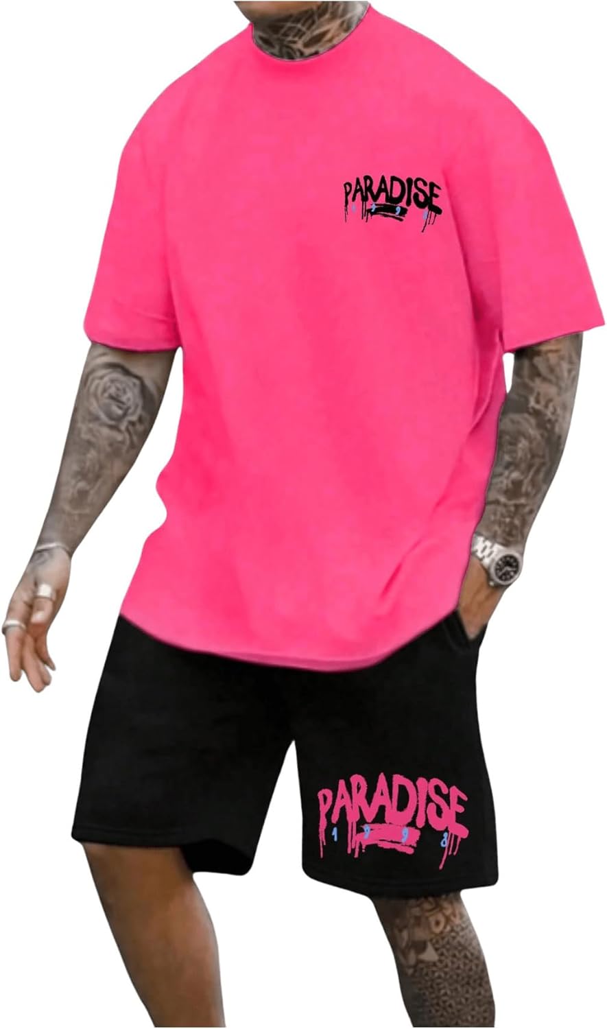 GORGLITTER Men’s Short Set 2 Piece Outfits Letter Print Round Neck T Shirts & Running Shorts